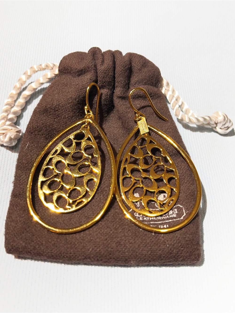 Coach Gold Openwork Teardrop Dangle Earrings